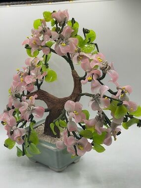 VTG Faux Jade “Bonsai Tree” Pink Cherry Blossoms w/ Green Leaves and Ceramic Pot